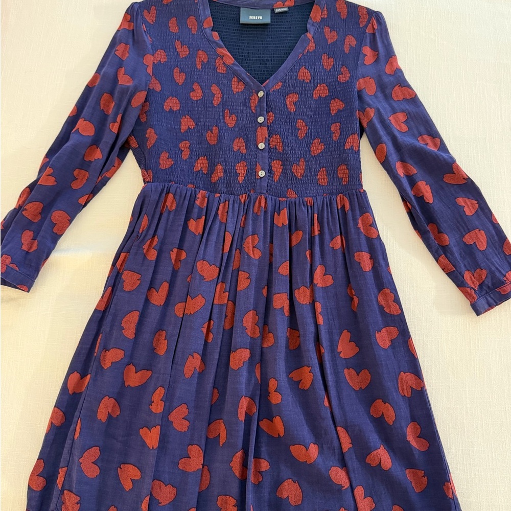 Anthropologie Purple Dress with Red Heart Pattern